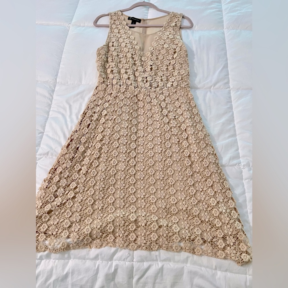 INC, size 8, crochet and sheer detail knee length summer dress.